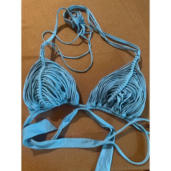 Anthropologie PQ Swim Isla Triangle Bikini Top Braid Fringe Sz D w Padding Blue - Picture 2 of 3